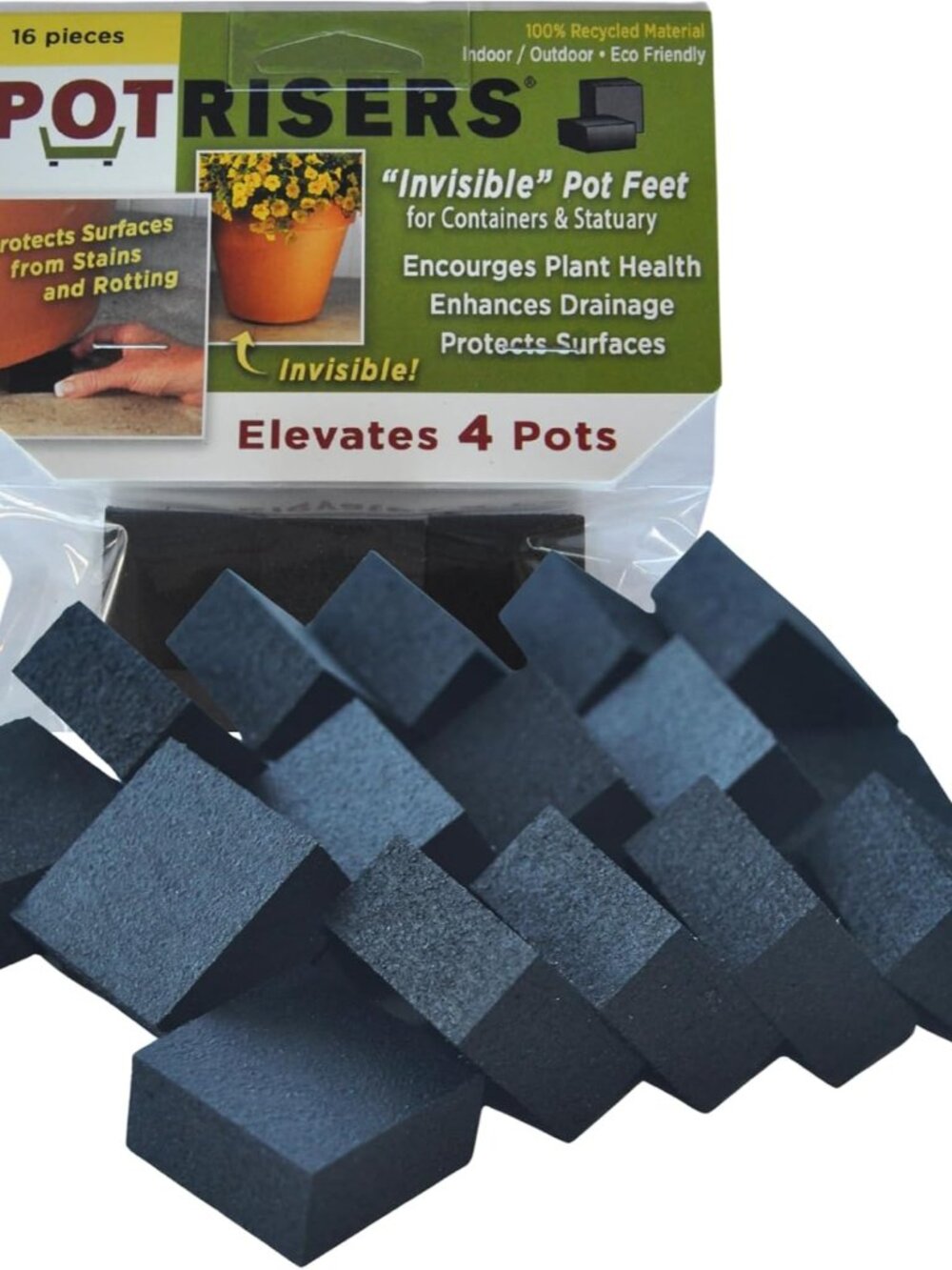 16 Pack Standard 1" Wide x 1/2" Tall | Invisible Pot Feet & Plant Risers | Drain